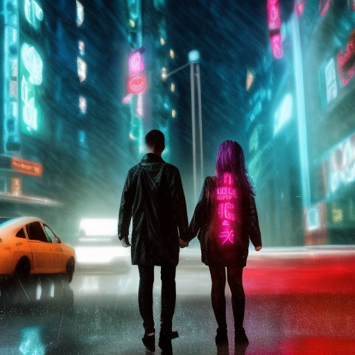 A couple seen from the back hold hands in a rainy neon cyberpunk dystopia